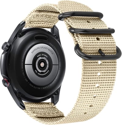 Strap-it Smartwatch bandje 20mm - nylon gesp band geschikt voor Samsung Galaxy Watch 1 42mm / Watch 3 41mm / Watch Active (2) / Watch FE / Gear Sport / Watch 4 (Classic) / Watch 5 (Pro) / Watch 6 (Classic) / Galaxy Watch 7 (40 & 44mm) - kaki