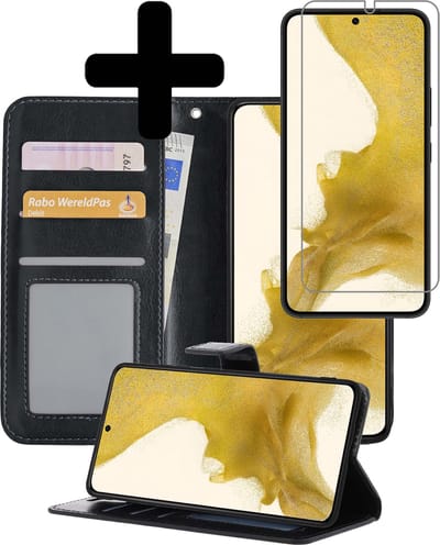 Hoesje - Met Screenprotector - Geschikt voor Samsung Galaxy S22 - Luxe Pasjeshouder - Bookcase Portemonee - Flip Case - Kunstleer Book Case - Flipcase - Book Cover - Walletcase - Portemonneehoes - Telefoonhoesjes - Zwart