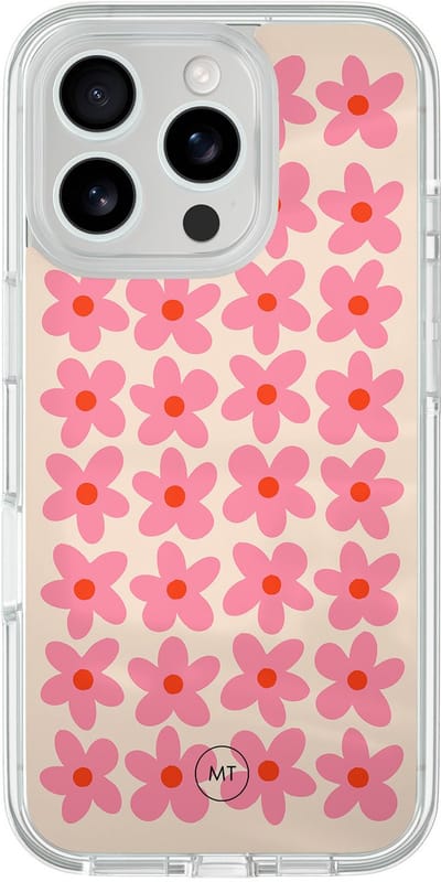 Hybride hoesje geschikt voor iPhone 16 Pro - Retro blooms - Extra bescherming - Luxe beschermhoes - TPU case - Transparant, Roze - Mooie Telefoonhoesjes