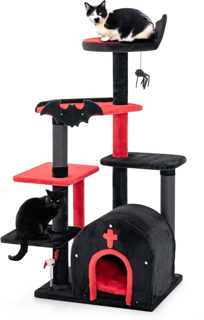 COSTWAY Krabpaal, 134 cm kattenboom met krabzuilen, kattenhol, platforms & spin, hangende bal, kattenkrabpaal, klimboom, kattenmeubel, katten, activiteitsboom, Halloween