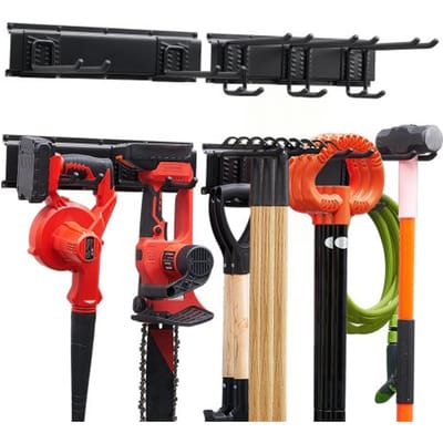 VEVOR Gereedschapshouder voor wandmontage, 838,2 mm, draagvermogen 181 kg, voor wandmontage, koolstofstaal, 2 rails en 5 haken, inclusief schroeven en pluggen, gereedschapsorganizer voor garage, kelder en tuin.