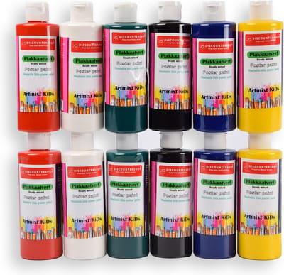 Discountershop Plakkaatverf Set voor Kinderen - 12 Basiskleuren - 250 ml Elke Kleur - Milieuvriendelijk - Hobbyverf voor Knutsel- en Schilderprojecten