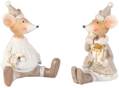 Dekoratief | Muisje zittend m/cadeautje, wit/beige, resina, 8x6x9cm, set van 2 stuks | A255232