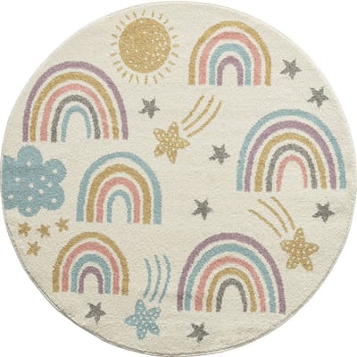 the carpet Beat Kids modern zacht kindertapijt, zachte pool, gemakkelijk te reinigen, kleurecht, regenboog & sterren motief, crème met regenbogen en wolken, 120 cm rond