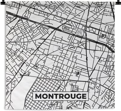 Wandkleed - Wanddoek - Montrouge - Plattegrond - Kaart - Frankrijk - Stadskaart - Zwart wit - 180x180 cm - Wandtapijt
