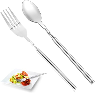 Set van 2 RVS Uittrekbare Vork en Lepel, Roestvrij, Verstelbare Tafellepel en Vork tot 61 cm, Ideaal voor BBQ, Fruit en Dessert