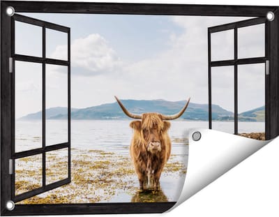 Gards Tuinposter Doorkijk Voetpad naar Strand en Zee - 60x40 cm - Tuindoek - Tuindecoratie - Wanddecoratie buiten - Tuinschilderij