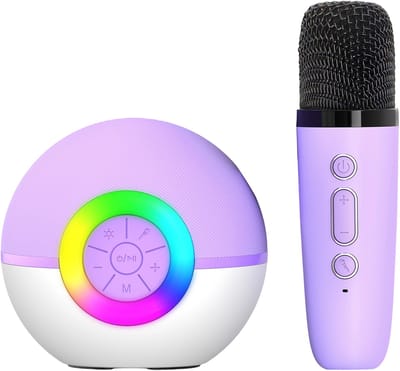 QTTVBTNA - Karaoke Set voor Kinderen - Draadloze Bluetooth Speaker met 1 Microfoons - Met Feestelijke Lichtjes - Ideaal Cadeau voor Verjaardag, Sinterklaas, Kerstmis, Schoolfeest of Als Verrassingscadeau - Paars