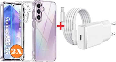 USB C Adapter A55 oplader - USB C Snellader 20W Met 1m Kabel - Hoesje Geschikt voor Samsung Galaxy A55 hoesje transparant Anti Shock silicone met 2x screenprotector- Ntech COMBI-SET