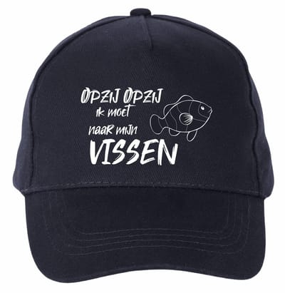Mijncadeautje - 5 panel - Cap - Verstelbaar - Pet van 100% dik geborsteld katoen- unisex - opdruk wit - opzij opzij naar mijn vissen - navy blauw