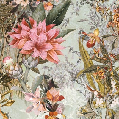 Bloemen behang Profhome 381771-GU glad vliesbehang zonder structuur met bloemmotief mat groen roze geel olijfgrijs 5,33 m2