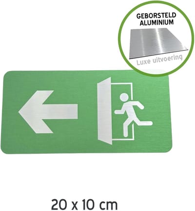 Pictogram/ bordje Dibond (geborsteld) | 20 x 10 cm | Nooduitgang - Pijl naar links | Vluchtroute | Noodgeval | Brandweg | Noodsituatie | Nooddeur | Brandweer | Wettelijk verplicht | Universeel | Rechthoek | 1 stuk