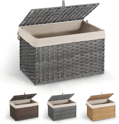 Handgeweven opbergmand met deksel en handgrepen - Opvouwbare wasmand voor wasgoed - 105L