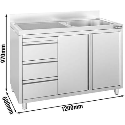 GGM Gastro Spülschrank PREMIUM - 1200x600mm - 3 Schubladen - & 1 Becken rechts Zilver