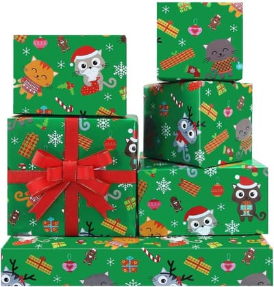 Kerstinpakpapier met schattig kattenpatroon, 4 vellen premium recyclebaar inpakpapier, perfect voor kerstcadeaus voor vrouwen, mannen, meisjes en jongens, 50 x 71 cm