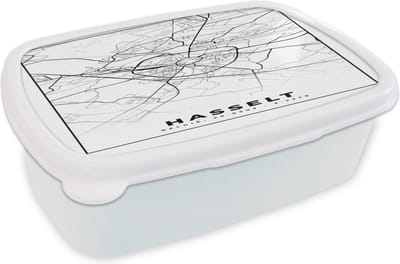 Broodtrommel Wit - Lunchbox - Brooddoos - Stadskaart – Plattegrond – België – Zwart Wit – Hasselt – Kaart - 18x12x6 cm - Volwassenen