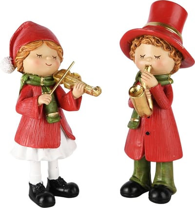 Dekoratief | Winterkindje m/viool/saxofoon, rood/groen, resina, 7x8x18cm, set van 2 stuks | A245102