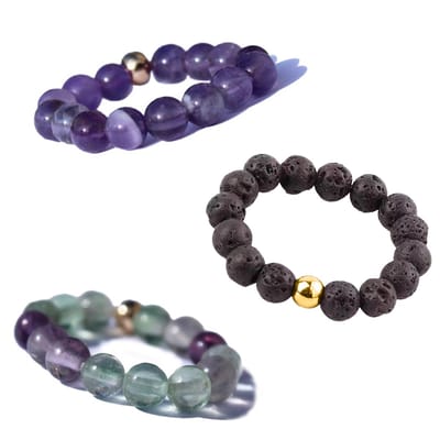Bixorp Gems Edelstenen Ringen Set Amethist + Lavasteen + Fluoriet - Kralenring Droom