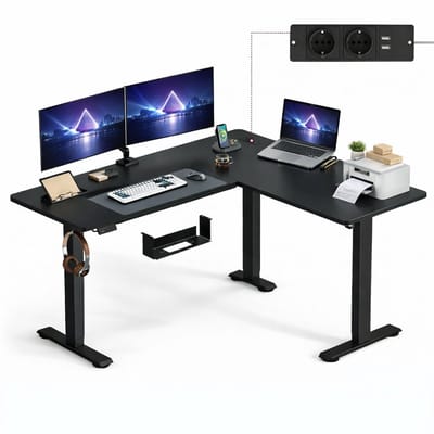 Signature Home Zit-Sta Bureau - Elektrisch in hoogte verstelbaar hoekbureau met laadstation - hoekbureau L vormig - 160 x 140 cm - zwart