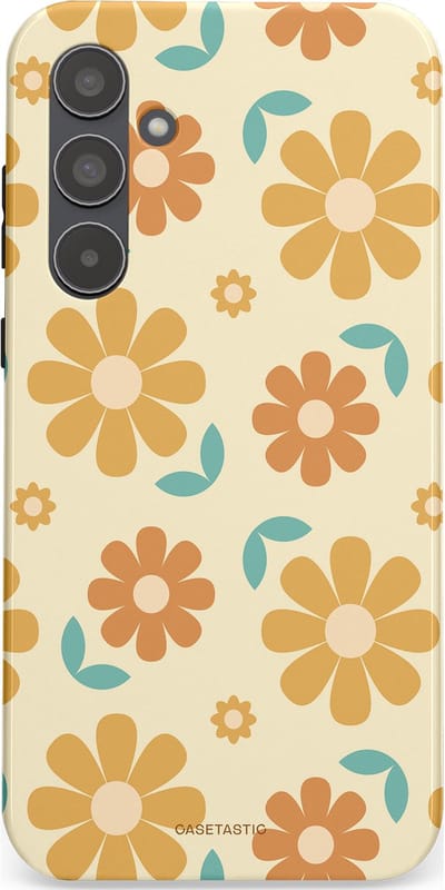 Casetastic hoesje geschikt voor Samsung Galaxy A55 - Dubbellaagse bescherming - Flower power Retro Bloemen - Geel - Oranje - Blauw - Fashion Case - Crème Goud Perzik
