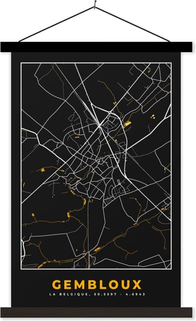 Posterhanger incl. Poster 40x60 cm - Schoolplaat - Gembloux - Stadskaart - Goud - Kaart - Plattegrond - Textielposter - Zwarte latten - Stadskaart