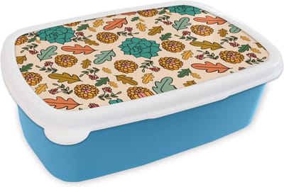 Broodtrommel Blauw - Lunchbox - Brooddoos - Herfst - Bloemen - Patronen - 18x12x6 cm - Kinderen - Jongen