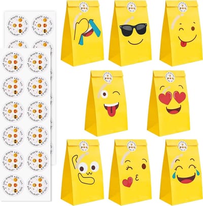 Set van 20 Emoji Snoepzakjes, Papieren Cadeautasjes met 24 Stickers, Kleine Zakjes voor Verjaardagen, Kinderen en Feestjes, Perfect voor Trouwen, Cookies en Fudge, 22 x