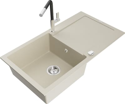 Mexen Leo granieten spoelbak 1-komors met afdruiprek en keukenkraan Flora, beige - 6501-69-670401-07