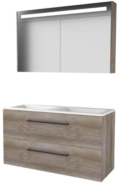 Basic-Line Premium 46 Badkamermeubelset - 120 x 46 cm - Met Grepen - 2 Lades - Acryl Wastafel - Zonder Kraangat - Spiegelkast met LED Verlichting - Scotch Oak