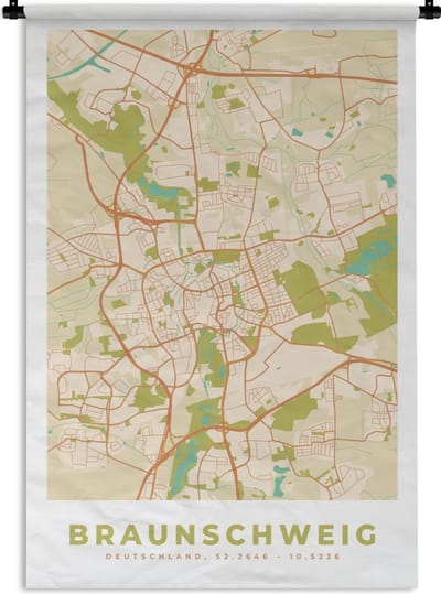 Wandkleed - Wanddoek - Braunschweig - Plattegrond - Vintage - Kaart - Stadskaart - 120x180 cm - Wandtapijt