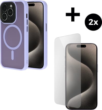 Mobiparts Hardcover MagSafe hoesje geschikt voor Apple iPhone 15 Pro - MagSafe - met 2 Screenprotectors van Gehard Glas - Roze/Purple