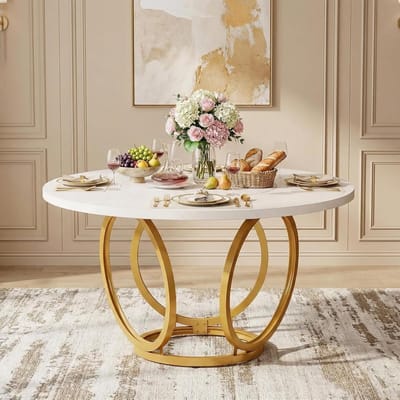 Eettafel Rond - Keukentafel Modern - Gezellig Tafelen - Gouden Metalen Poot - 119 cm Diameter - Wit Goud