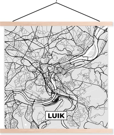 Posterhanger incl. Poster 40x40 cm - Schoolplaat - Stadskaart – Plattegrond – België – Zwart Wit – Luik – Kaart - Textielposter - Blanke latten - Stadskaart