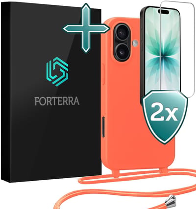 Hoesje Geschikt voor iPhone 17 Case Siliconen Hoes Met Koord Met 2x Screenprotector - Hoes Geschikt voor iPhone 17 Met Telefoonkoord Hoesje Backcover - Papaya
