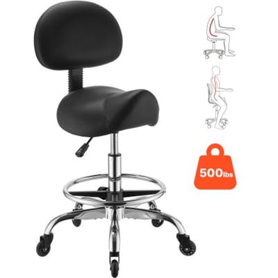 VEVOR Zadelkruk 226,8 kg, in Hoogte Verstelbare Rolkruk, Bureaukruk met Rugleuning, Voetensteun en Stille Wielen, Zitting van Pu-Leer, 360° Draaibaar, Ideaal voor Salon, Spa, Bar, Dokterspraktijk