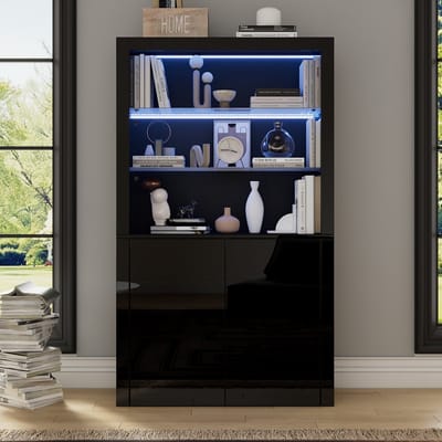 100x35x170 cm zwarte hoogglans vitrinekast met LED, glazen planken, 2 deuren en 2 kasten – moderne woonkamer opbergkast
