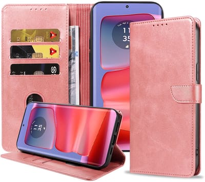 Geschikt voor Motorola Edge 50 Pro Telefoonhoesje Kunstleer met Magnetisch lipje en Pasjeshouder Book Case met Klepje - Walletcase with Cardslot - Rosé Goud - Smartphonica geschikt voor Motorola Edge 50 Pro