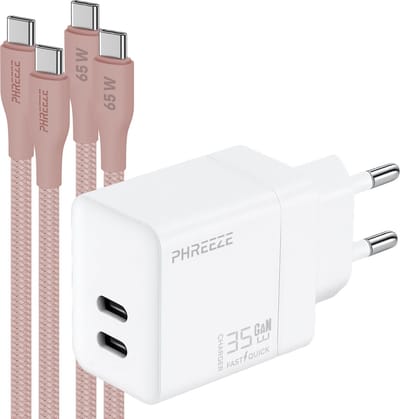 Phreeze usb C adapter 35w snellader met 2x usb C naar usb C kabels roze - Voor tegelijk snelladen telefoon en tablet