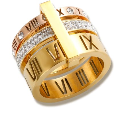 Drie lagen Romeinse cijfers ring voor vrouwen Luxe roestvrij staal draaibare kristallen vinger ringen Vrouwelijke bruiloft Trendy sieraden 12 beige