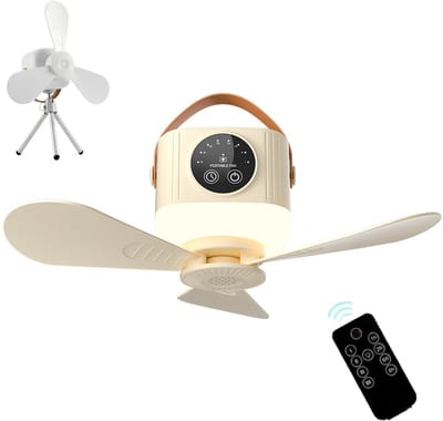 Campingventilator - Draagbare campingventilator - Ventilator - Met verlichting en afstandsbediening- Met 4 snelheidsstanden en timerfunctie 3 standen nachtlampje - Meerdere plaatsingsmethoden met statief - voor luifel strand camper - Beige