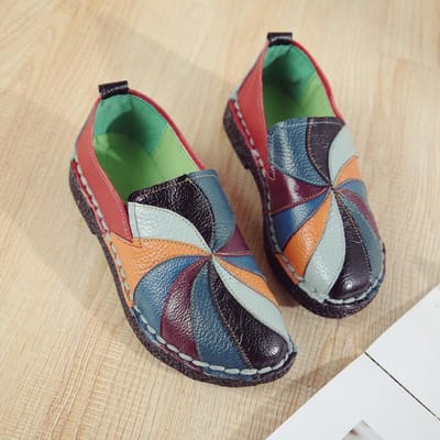 Lente Nieuwe Platte Damesschoenen Etnische Stijl Kleurblokkering Echt Leer Dames Enkels Casual Grote Maat Moederschoenen Populaire Schoenen 35 gray