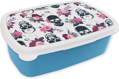 Broodtrommel Blauw - Lunchbox - Brooddoos - Tieners - Skull - Roos - Patronen - 18x12x6 cm - Kinderen - Jongen