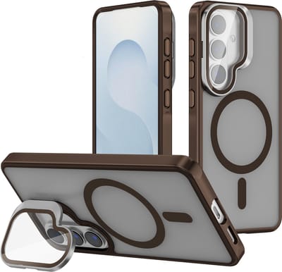 Casemania Hoesje Geschikt voor Samsung Galaxy S26 - Bruin - Magnetische Bumper Hoesje met Camera Shield Kickstand Telefoonhoesje met Camera Bescherming Geschikt voor MagSafe