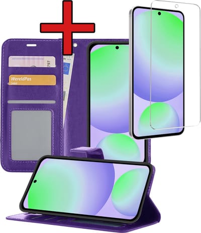 Hoesje - Met Screenprotector - Geschikt voor Samsung Galaxy S24 FE - Luxe Pasjeshouder - Flipcase - Bookcase Portemonee - Flip Case - Kunstleer Book Case - Book Cover - Walletcase - Portemonneehoes - Telefoonhoes - Paars