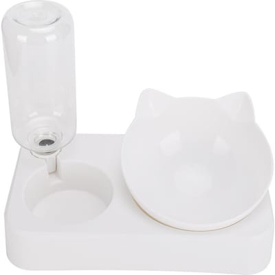 Huisdier Dubbele Voerbak Waterdrinkfles 15 graden Verstelbare Schuine Nek Bescherming Kat Hond Voeding L(for 6.5-9kg) white
