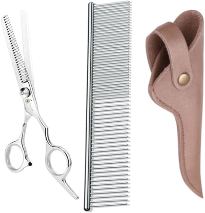 Professor Q – Professionele Effileerschaar – Wit – Premium RVS Uitdunschaar – Voor Kapper & Thuisgebruik met Luxe Lederen Etui – 16,5 cm – Brons + Anti-Klit Kam – Pijnloos & Huisdiervriendelijk
