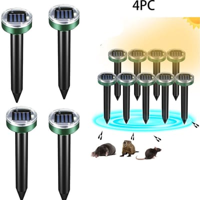 4-Stuks Mollenverjager op zonne-energie - Ultrasoon insectenverjager - Sonic insectenwerend middel - Mollenverjager - Knaagdierverjager - Lengte 26 cm - Sonic spikes - Geschikt voor gebruik buitenshuis op gazons, in tuinen en op terrassen - Groen