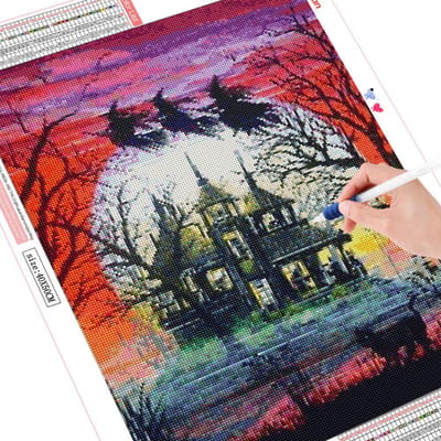 Peinture de diamant à faire soi-même, dessin animé de sorcière, mosaïque de château, broderie complète, image ronde 20X30CM black