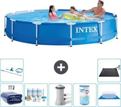 Intex Rond Frame Zwembad - 366 x 76 cm - Blauw - Inclusief Solarzeil - Onderhoudspakket - Zwembadfilterpomp - Filter - Grondzeil - Schoonmaakset - Solar Mat - 8-delig
