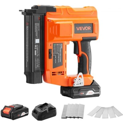 VEVOR 2-In-1 Draadloze Spijkerpistool, 18 Gauge, 20v, 100 Spijkers/Min, Met 500 Spijkers & 500 Nietjes & 2,0 Ah Lithiumbatterij & Oplader, voor Doe-Het-Zelf Houtbewerking, Oranje